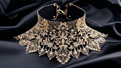 Vintage accessories filigree choker retro fashion looks on black satin background