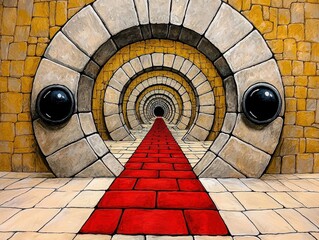 Abstract Red Brick Path Through Concentric Beige and Yellow Arches
