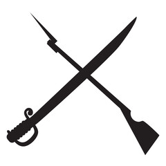 Crossed weapon. Crossed pose of a rifle and sword in a black scabbard on a white background. Symbol of weapons. Firearm and cold weapon.