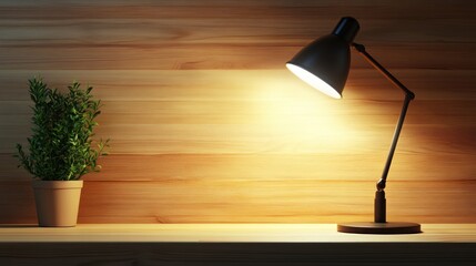 Illuminated workspace desk lamp and plant on wooden surface