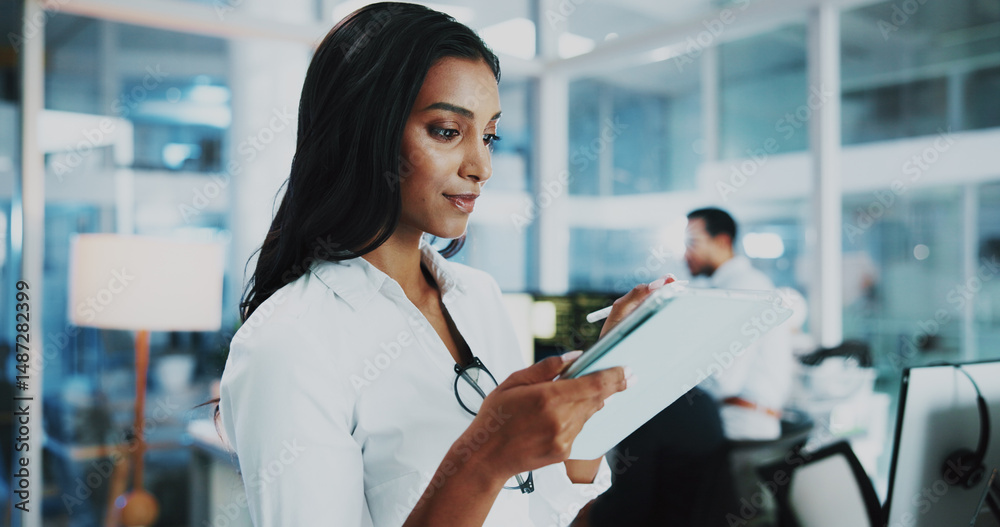 Poster Woman, developer and reading on tablet in office for IT, coding software and server update. Female person, digital or testing app of online programming, website application and troubleshooting system