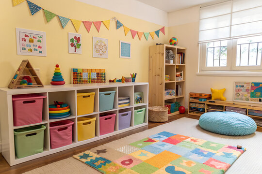 Bright preschool classroom interior with educational toys and alphabet rug. A well-organized learning space—perfect for illustrating early education markets, childcare investments, or sector developme
