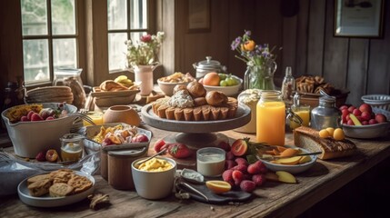 Naklejka premium Rustic breakfast spread showcasing a variety of treats and drinks.