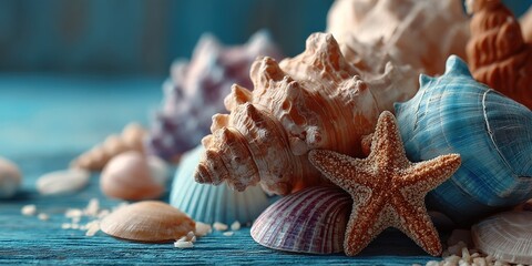 Coastal Treasures: A collection of assorted seashells and a starfish, arranged artfully against a calming blue background. The scene evokes feelings of serenity, and a longing for the ocean's embrace.