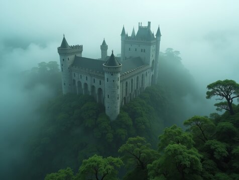 Bird’s-eye perspective of an ancient castle surrounded by misty forests, adding a mysterious vibe
