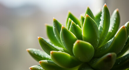 Fototapeta premium Close up photograph of a vibrant green succulent plant with water droplets details.