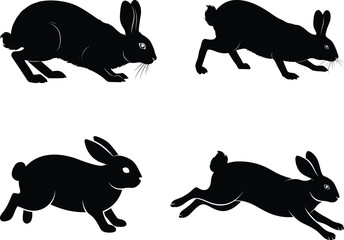 Black rabbit silhouette. Sitting bunny, cute jumping rabbits and contour animals vector set. Adorable pet in different poses, actively moving in front, back and side view isolated on white