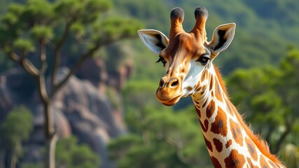 Obraz premium A majestic giraffe's portrait showcases its unique spotted pattern against a lush green African savanna backdrop in bright sunlight.