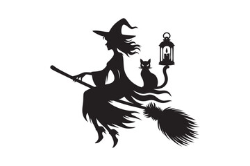 Witch on Broomstick Silhouette with Cat and Lantern,  Halloween Vector Art.