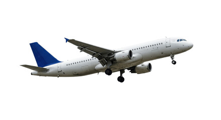 Obraz premium White Passenger Airplane Taking Off with Blue Tail Fin, Isolated on a Transparent PNG Background