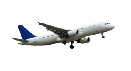 White Passenger Airplane Taking Off with Blue Tail Fin, Isolated on a Transparent PNG Background
