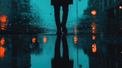 A person walking on a wet city street at night