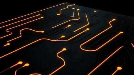 An illuminated circuit board design rendered in a dark environment