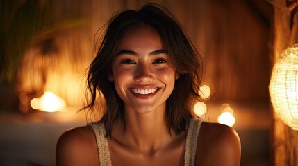 A beautiful woman with a bright smile looks towards camera
