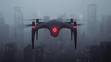 Futuristic drone flies over a sprawling modern metropolitan city at night