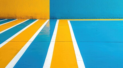 Yellow blue and white painted geometric lines and textured walls are seen