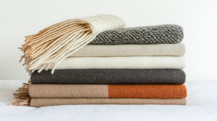 Stack of folded blankets in various colors and textured patterns