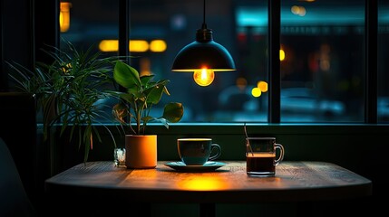 An illuminated table with coffee and plants at nighttime in a cafe