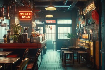 Retro Asian Cafe Interior with Neon Sign and Vintage Decor