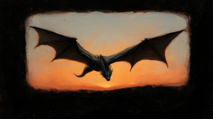 A dark dragon gracefully soaring through a colorful sunset sky