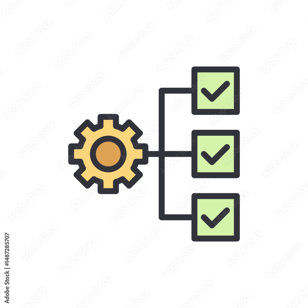 Poster workflow automation with gear system and checkmarks on transparent layer
