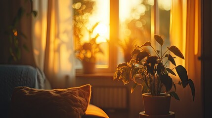 A warm interior showing a sunlit window with plants inside