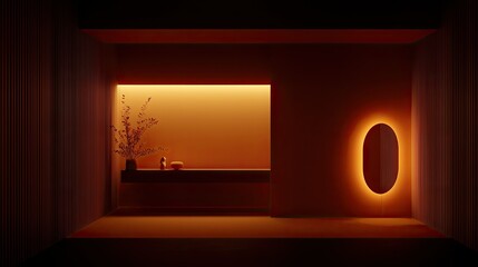 A modern interior with an orange ambient lighting design