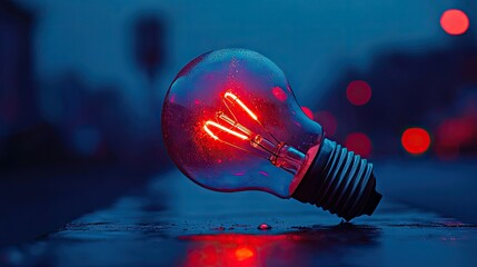 A glowing electric lightbulb with an illuminated incandescent filament