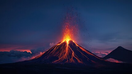 A fiery volcanic eruption illuminating the darkened nighttime sky dramatically
