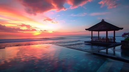 Gazebo on a platform overlooking the ocean at sunset