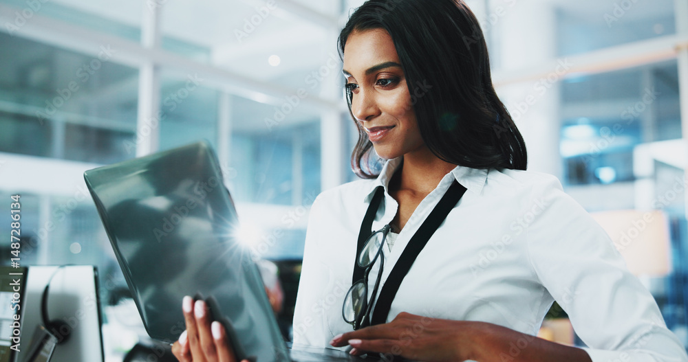 Poster Woman, developer and smile with laptop in office of programming, coding support and server update. Person, online app and IT for testing system, website application and troubleshooting at call centre