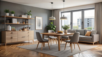 stylish living room with drawers and dining area