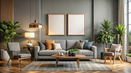 stylish living room with mockup frame and poster