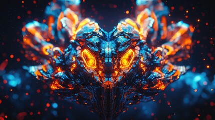 Fiery, metallic, abstract creature in vibrant orange and blue hues, symmetrically designed with glowing details