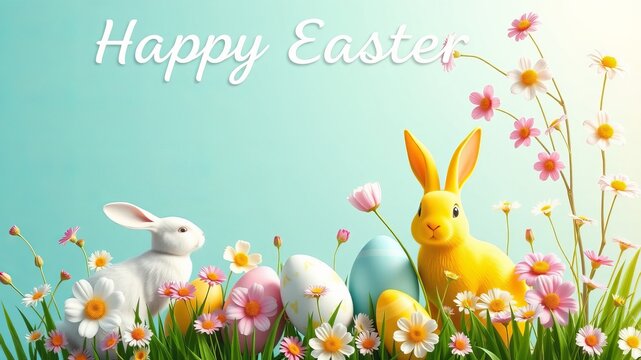 Happy Easter greeting card featu two adorable pastel bunnies led amongst colorful eggs and sp flowers.