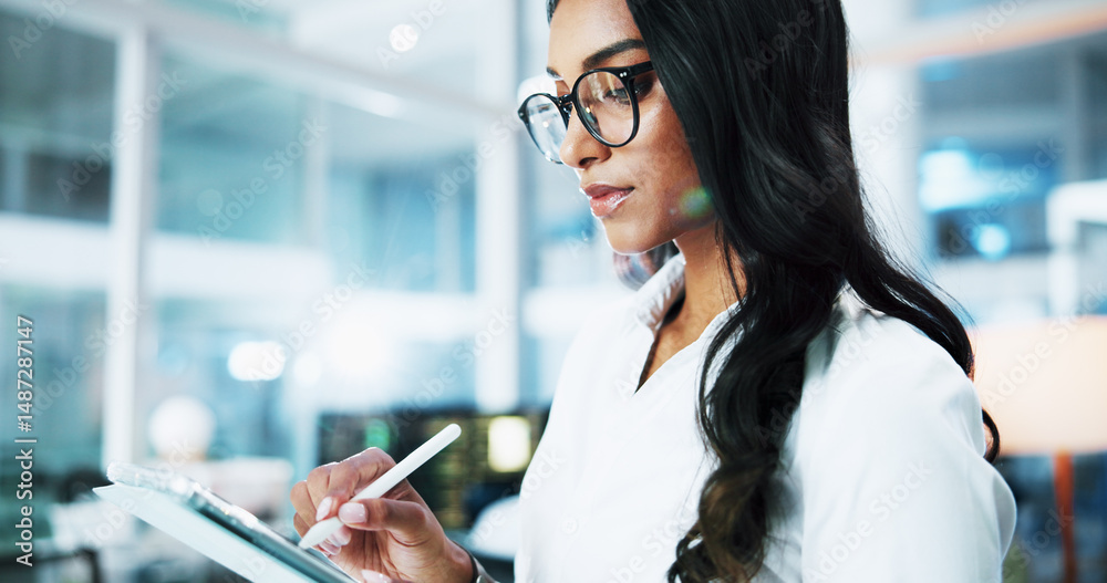 Fototapete Woman, developer and writing on stylus in office for IT, coding software and server update. Female person, tablet and testing app of online programming, website application and troubleshooting system