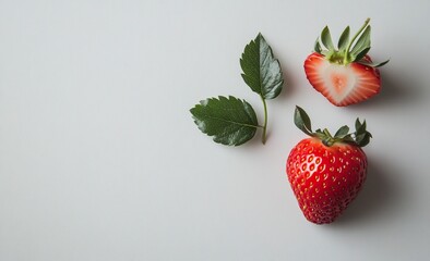 Strawberry with leaves and a half strawberry isolated on a white background, close-up. -generative ai