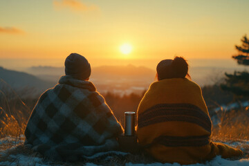 people sitting on grass, watching sunset.
