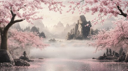 Fototapeta premium Serene misty valley landscape with blossoming cherry trees.
