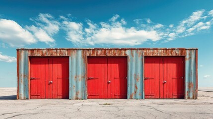 Three red garage doors against a bright sky. Illustrates storage, industrial themes, or vintage architecture.