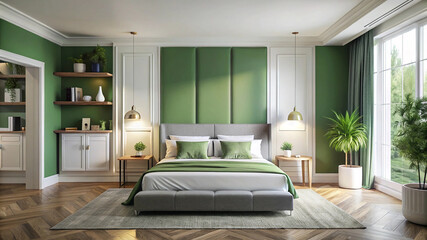 white and green bedroom interior with mockup wall