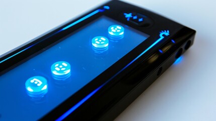 Sleek black media player with glowing blue buttons on minimalist white surface, featuring play and pause symbols. Modern digital entertainment and technology concept.
