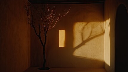A small tree sits inside an empty sunlit room in beige colors