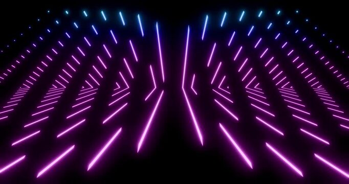 Futuristic neon triangle gate background. Abstract shining retro digital lattice in perspective. 4K 3D rendering loop animation.