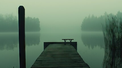 Naklejka premium A wooden dock extends into a tranquil misty lake at dawn