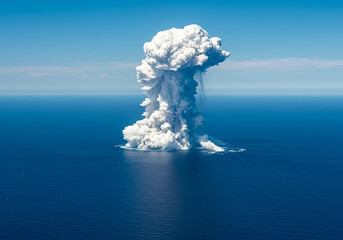 Majestic volcanic eruption exploding into the sky over the deep blue ocean waters