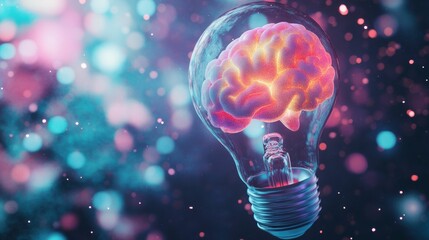 A glowing brain inside a glass bulb stands out in a pastel hued 3D scene, resting on a creatively textured backdrop.