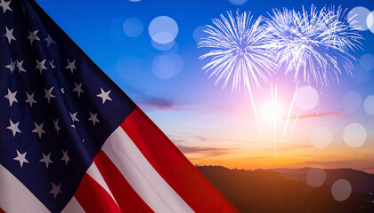 United States flag with fireworks exploding behind it, fourth of july fireworks, fireworks and american flag, usa 4 july independence day