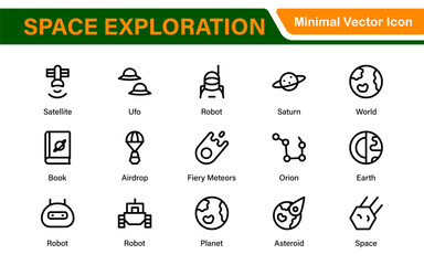 Modern Space Exploration Technology Icons – Outline, Line Art, Vector Illustrations for Rocket Science, Satellites, Astronauts, and Future Missions