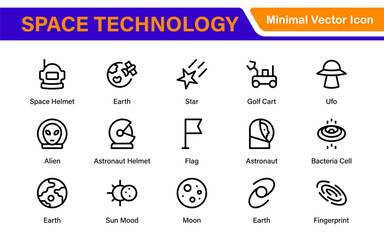 Modern Space Exploration Technology Icons – Outline, Line Art, Vector Illustrations for Rocket Science, Satellites, Astronauts, and Future Missions
